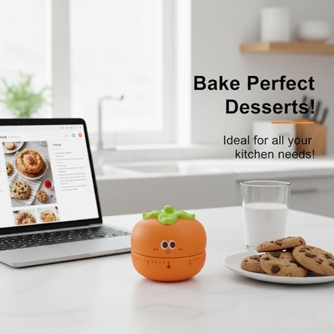 Cute Kitchen Timer with 60-Minute Mechanism, Orange Persimmon Design, Non-Slip Base, Easy-Read Dial, Mechanical Countdown for Cooking and Baking