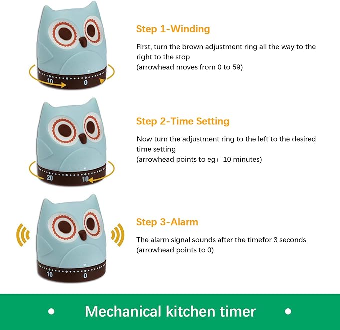 Mechanical Kitchen Timer, Cute Wind Up 60-Minute Manual Countdown for Kids, Classroom, Home, Study and Cooking
