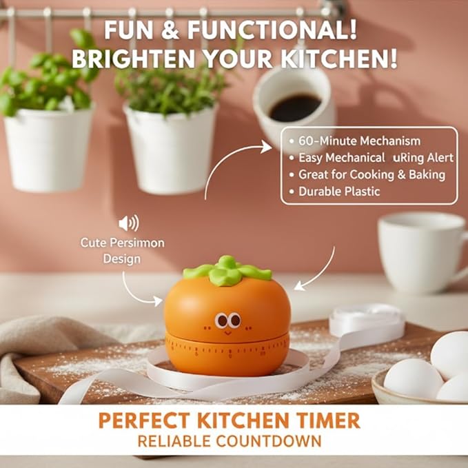 Cute Kitchen Timer with 60-Minute Mechanism, Orange Persimmon Design, Non-Slip Base, Easy-Read Dial, Mechanical Countdown for Cooking and Baking