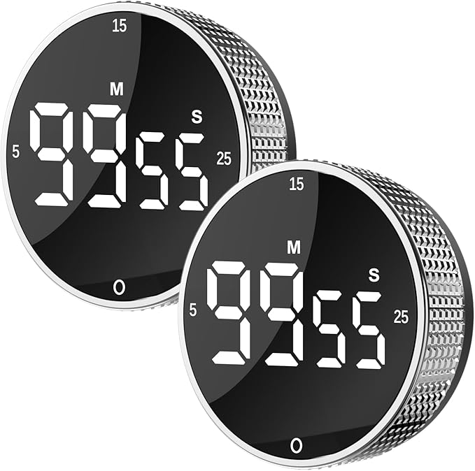 Upgrade Digital Kitchen Timer - Magnetic Countdown Countup Visual Pomodoro Timer with Large LED Display, 3-Preset Times (5, 15, 25), 3 Volume Levels, Ideal for Cooking, Baking and Fitness (2, Silver)