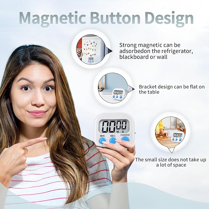 12 Pack Digital Kitchen Timer Magnetic Digital Timer with Big Display Loud Ring Cooking Timers for Kitchen Electronic Timer for Cooking, Bathing, Gym, Break Time, Classroom(12,White, Blue, Orange)