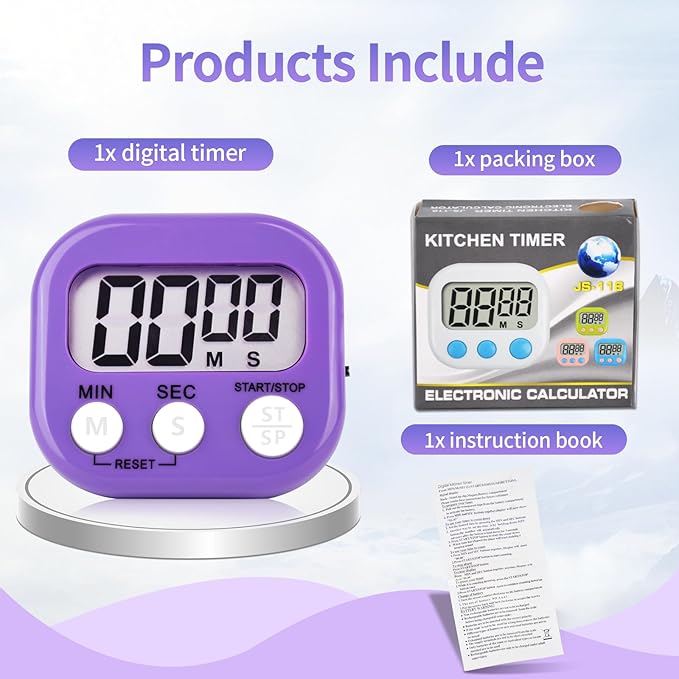 2 Pack Purple Digital Kitchen Timer Magnetic Digital Timer with Big Display Loud Ring Cooking Timers for Kitchen Electronic Timers for Cooking, Game, Gym, Break Time, Classroom (2, Purple)