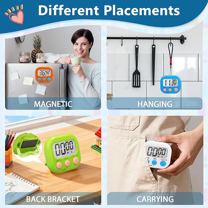 12 Pack Multi-Function Digital Timers, Magnetic Large LCD Display Loud Alarm Countdown Timers, Extensively Use in Classroom, Break Time, Gym, Meeting, Cooking