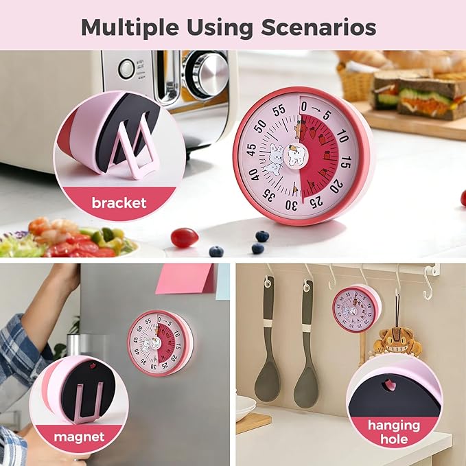 Kitchen Timer, Kitchen Countdown Cooking Reminder No Battery Required Magnetic Time Management Timer, Pink