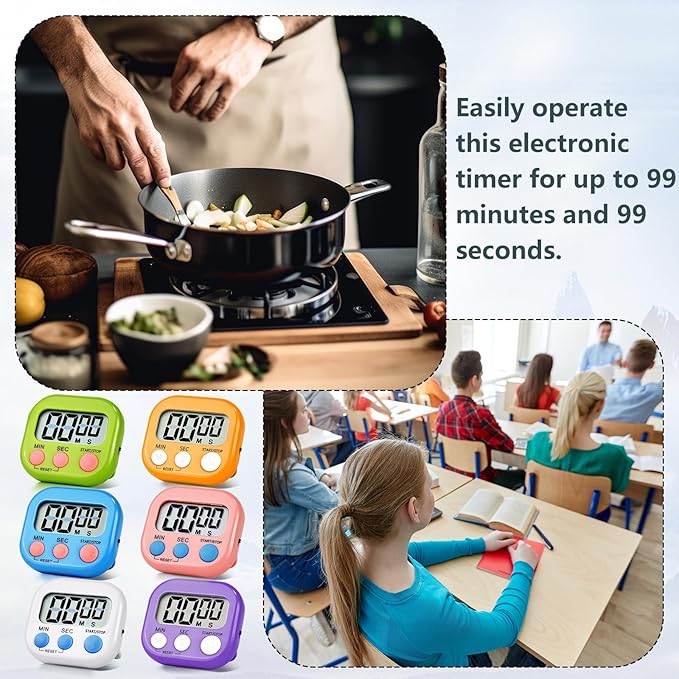 24 Pack Digital Kitchen Timer Magnetic Digital Timer with Big Display Loud Ring Cooking Timers for Kitchen Electronic Timer for Cooking, Bathing, Gym, Break Time, Classroom(6 Color)