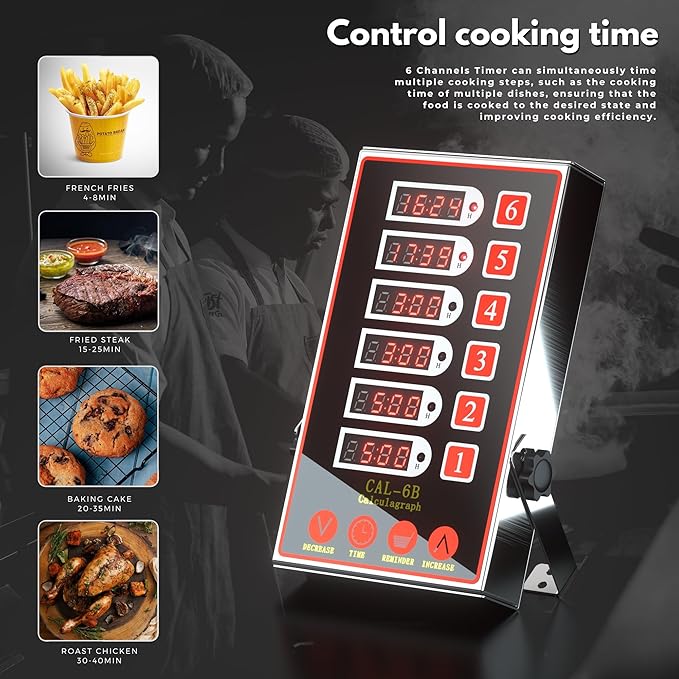 Commercial Kitchen Timer with 6 Channels, Professional LED Digital Timer for Cooking, Loud Alarm Volume +/-, Heavy Duty Stainless Steel Large Timers with Waterproof Panel & Memory Function